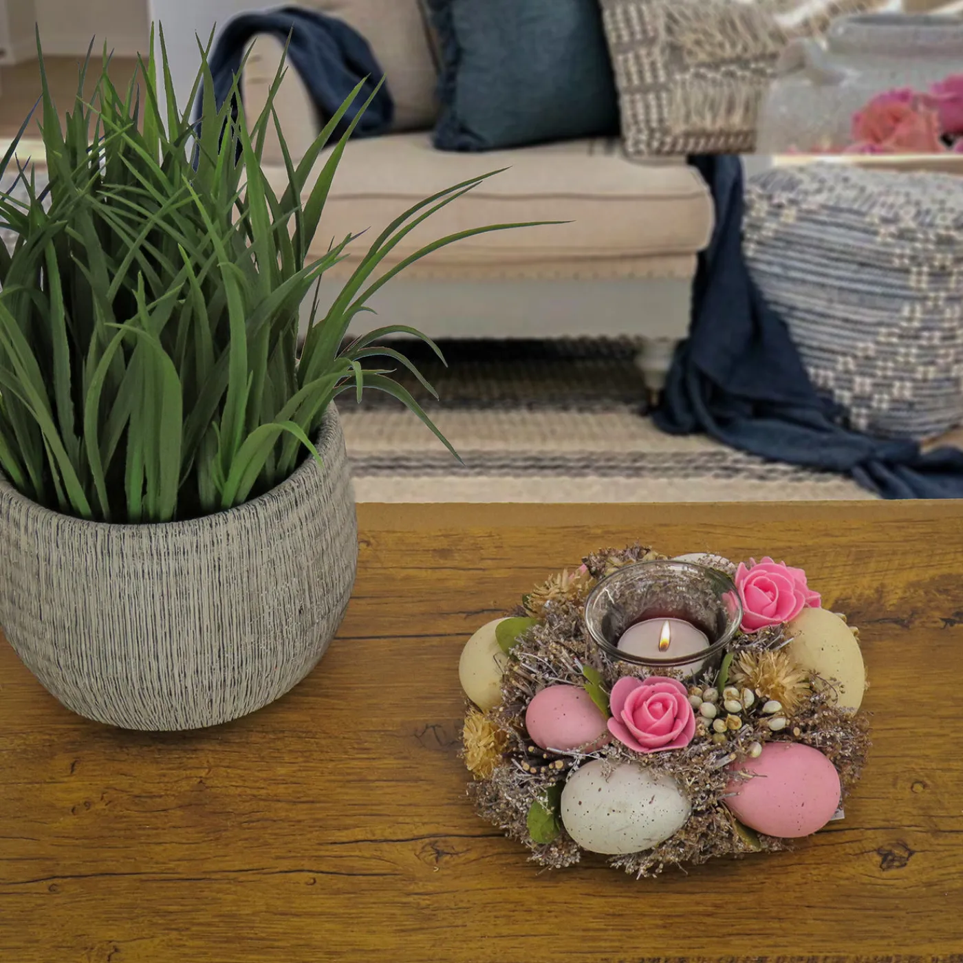 National Tree Company 7 in. Easter Candleholder Table Decoration Decorated with Pastel Eggs and Flower Blooms