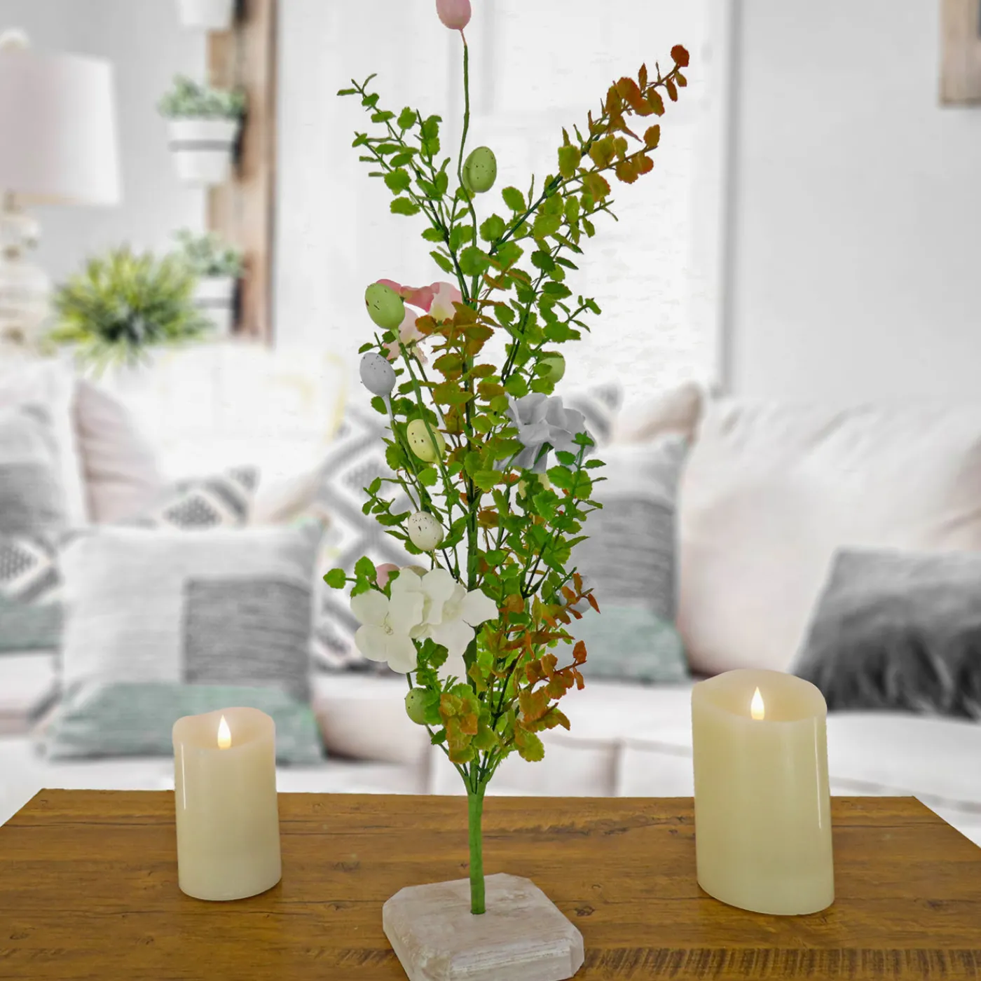 National Tree Company 24 in. Easter Decorative Tree Decorated with Pastel Eggs and Flower Blooms, and Wooden Block Base