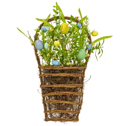 National Tree Company 18 in. Easter Hanging Wall Basket Decorated with Pastel Eggs and Spring Flowers