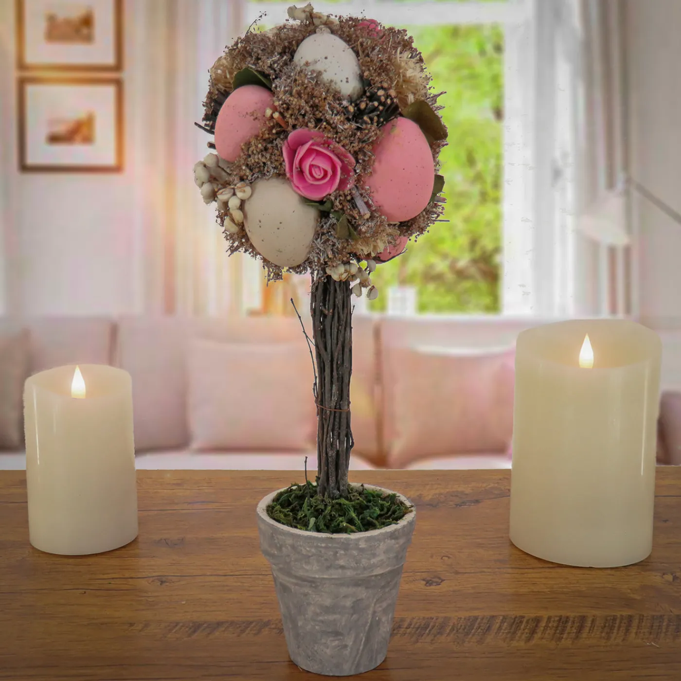 National Tree Company 14 in. Easter Single Ball Topiary Potted Plant Decorated with Pastel Eggs