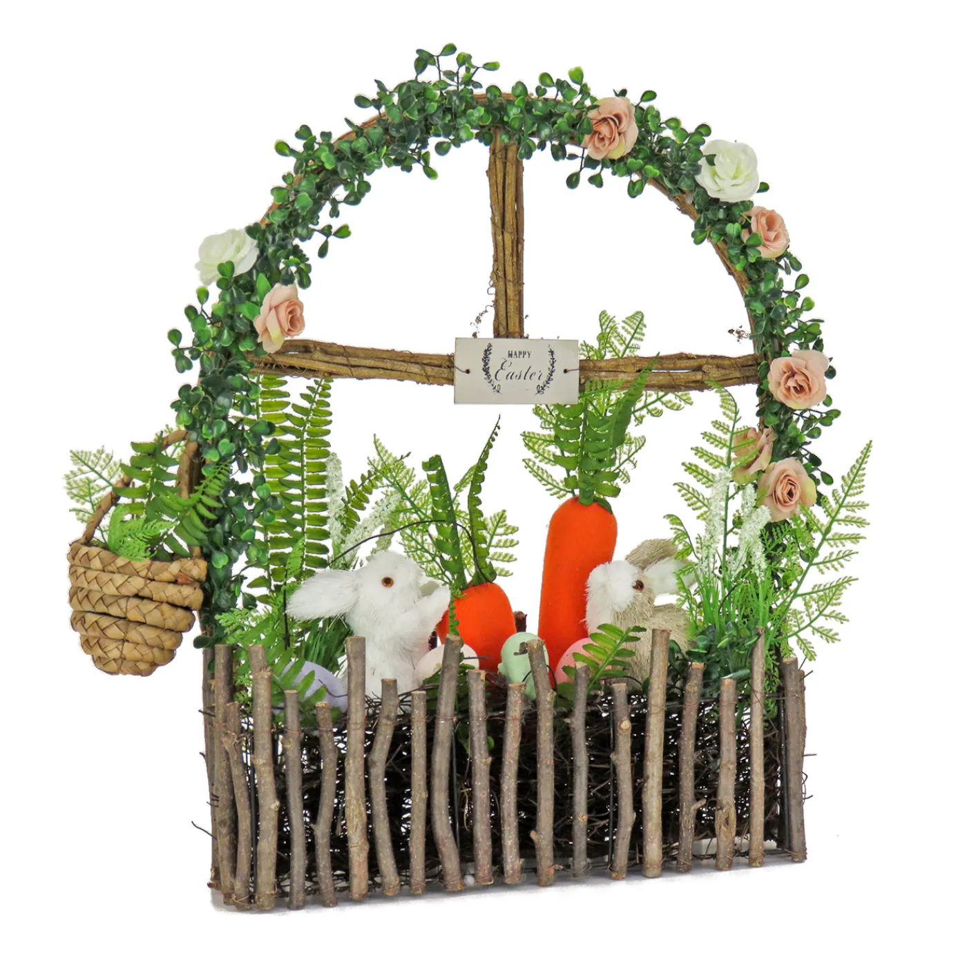 National Tree Company 19 in. Easter Window Garden Pane Decoration Decorated with Bunnies, Carrots, Flower Blooms