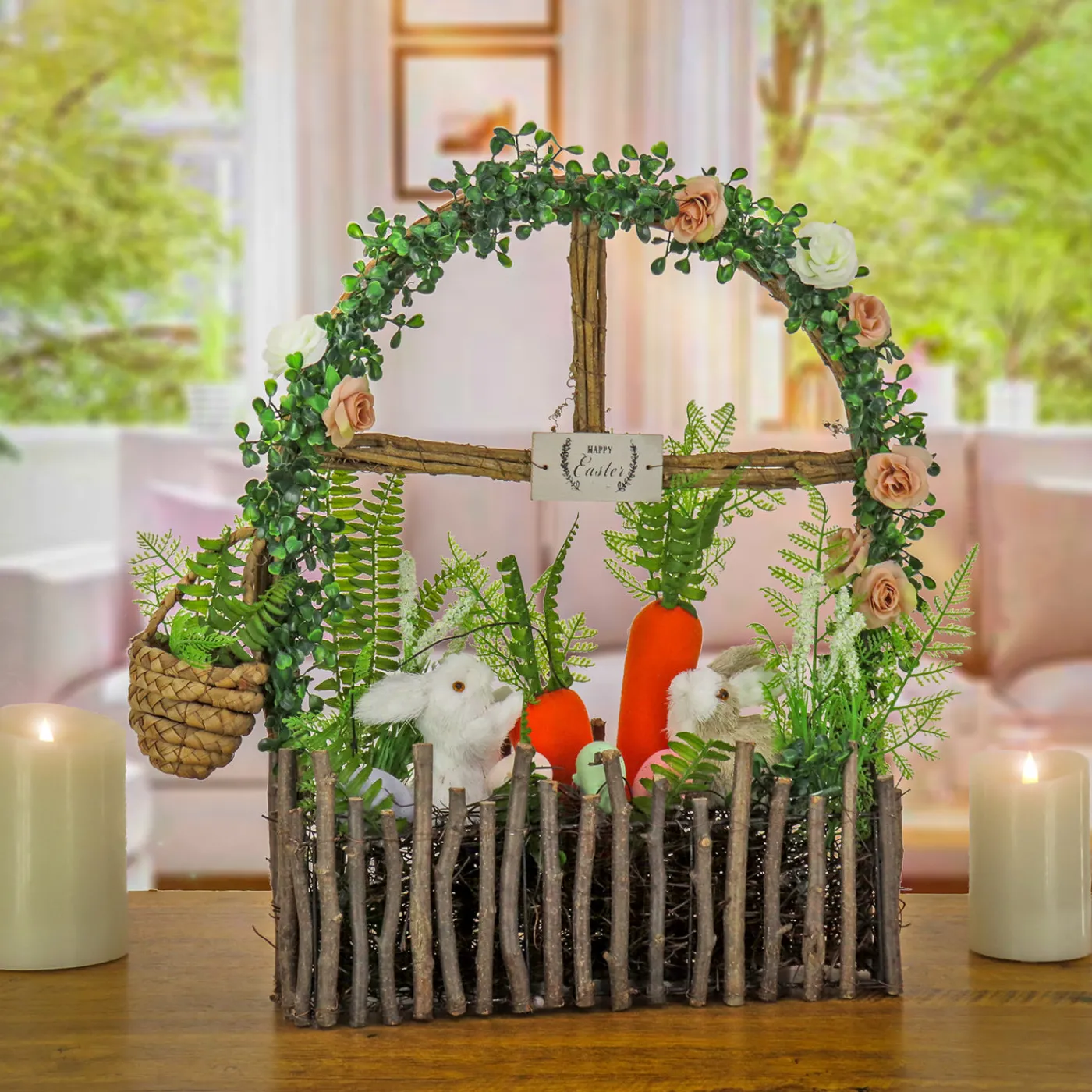 National Tree Company 19 in. Easter Window Garden Pane Decoration Decorated with Bunnies, Carrots, Flower Blooms