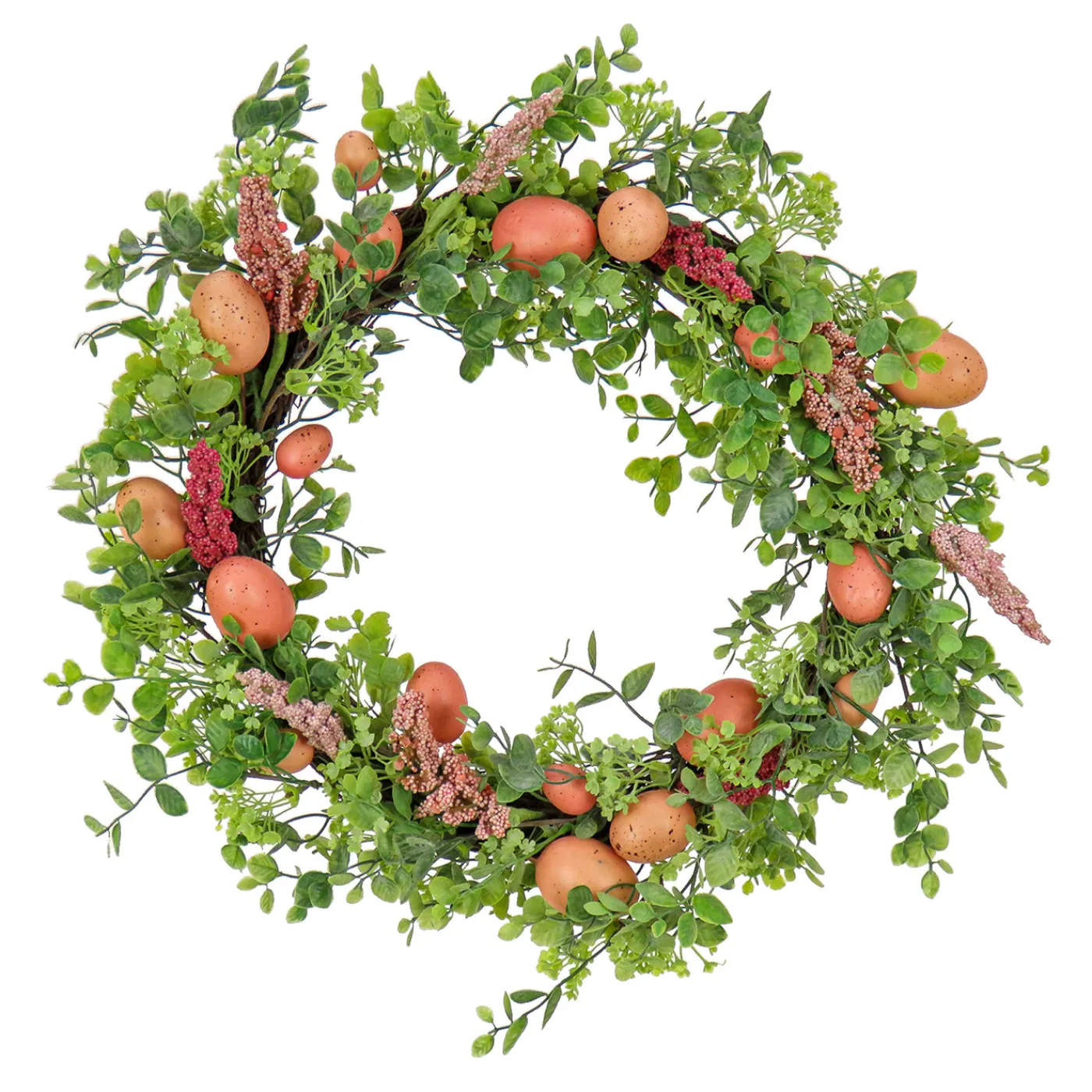 National Tree Company 22 in. Easter Wreath Decorated with Pink Pastel Eggs, Pink Flowers, Leafy Greens