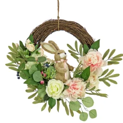 National Tree Company 18 in. Easter Wreath Decorated with Pastel Flower Blooms, Bunny, Leafy Greens