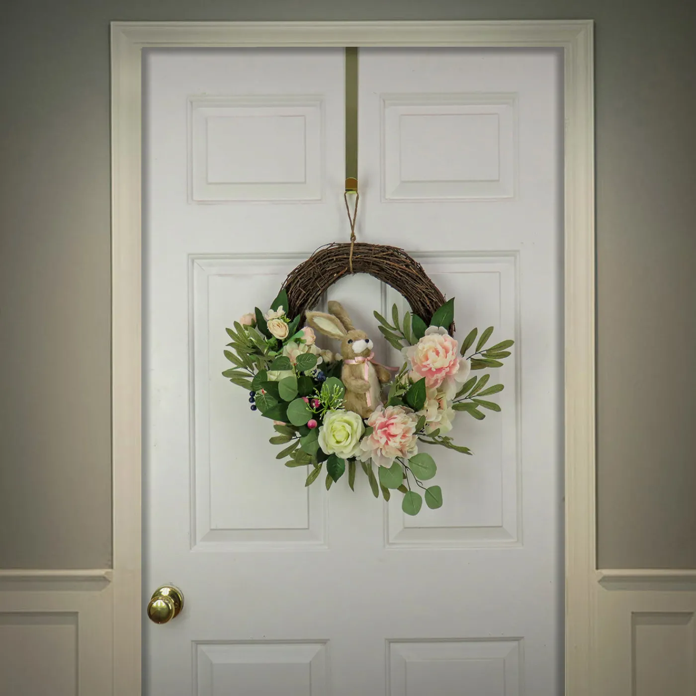 National Tree Company 18 in. Easter Wreath Decorated with Pastel Flower Blooms, Bunny, Leafy Greens