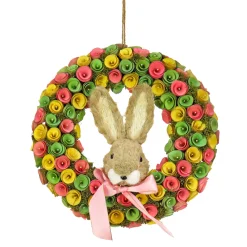 National Tree Company 16 in. Easter Wreath Decorated with Colorful Flower Blooms, Bunny Head