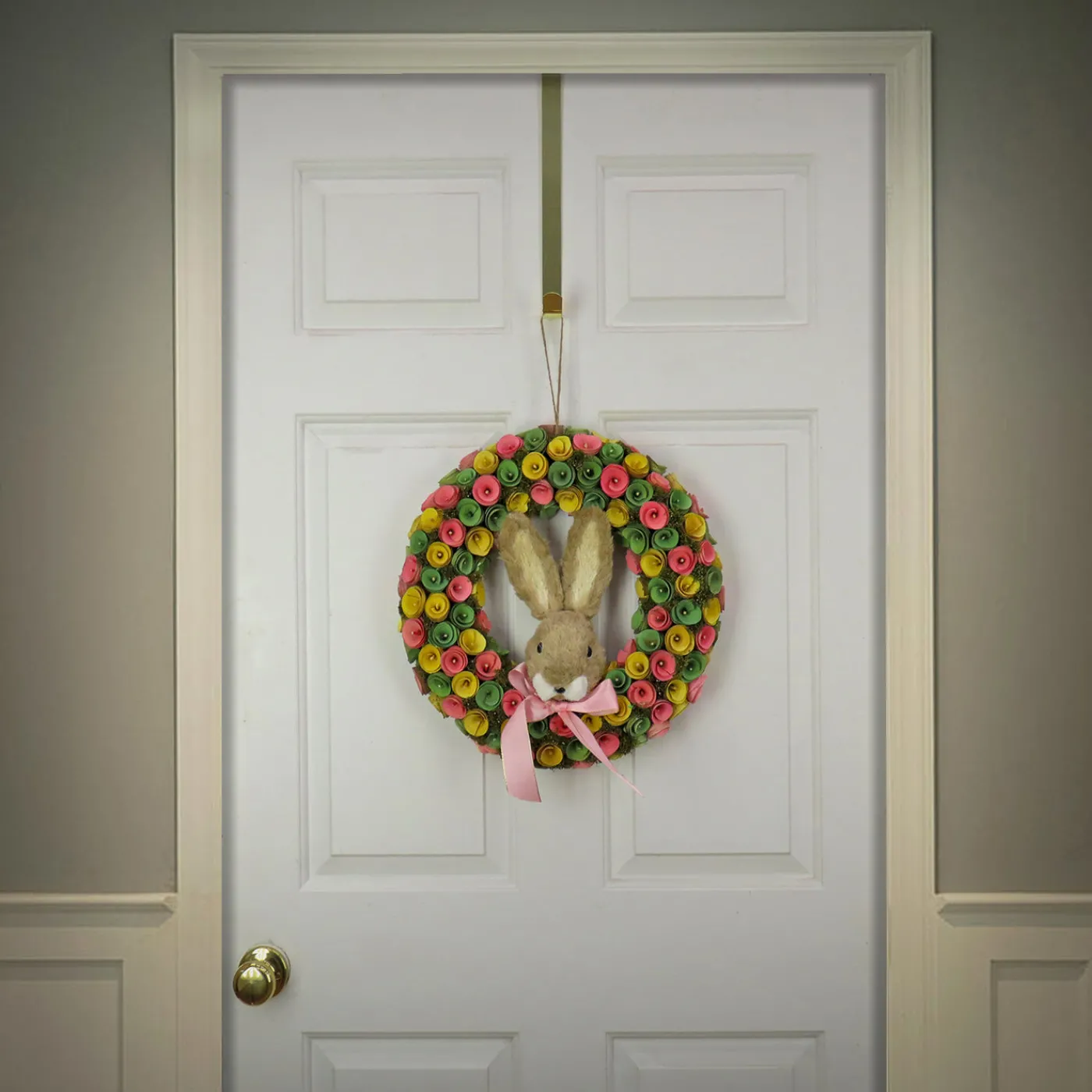 National Tree Company 16 in. Easter Wreath Decorated with Colorful Flower Blooms, Bunny Head