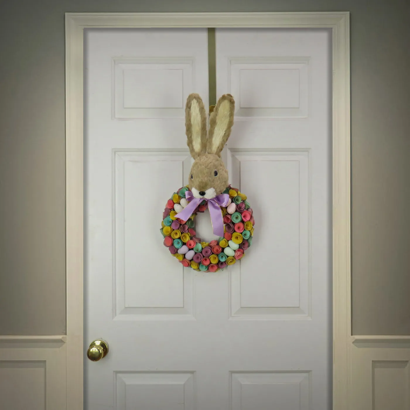 National Tree Company 24 in. Easter Wreath Decorated with Colorful Flower Blooms, Pastel Eggs, Bunny Head