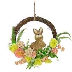 National Tree Company 16 in. Easter Wreath Decorated with Pastel Flower Blooms, Bunny, Leafy Greens