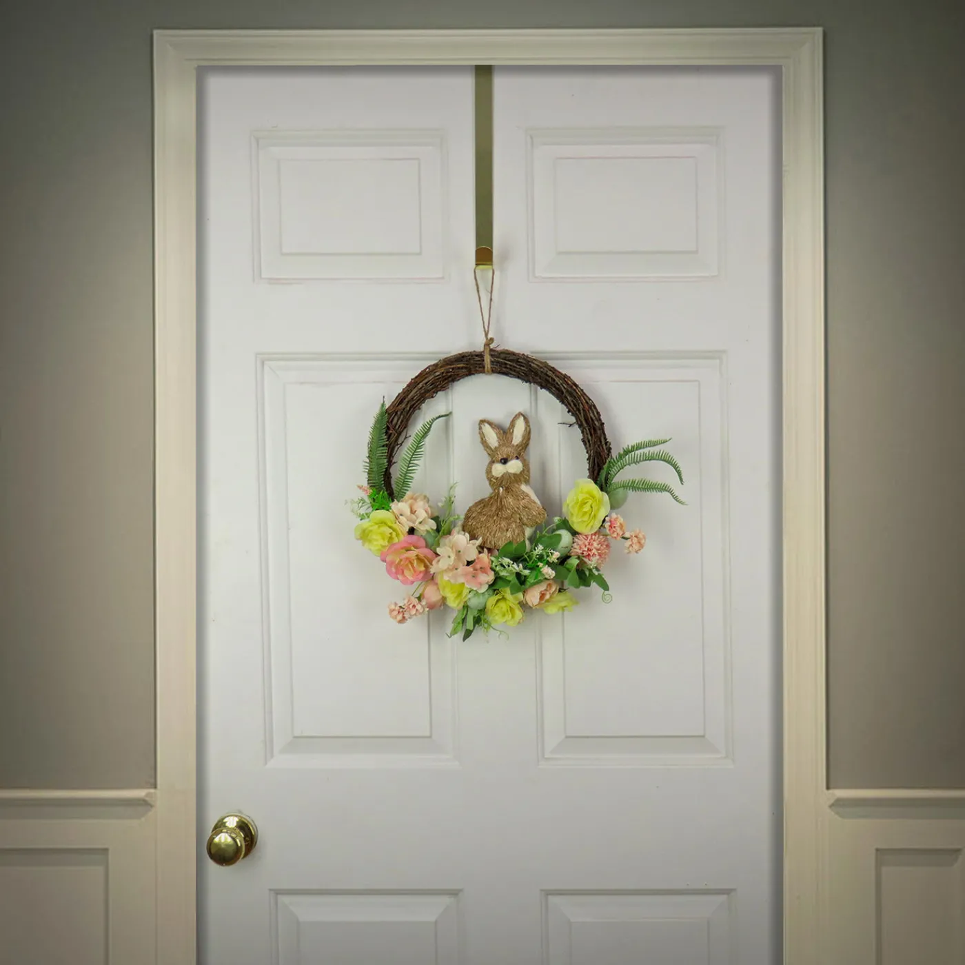 National Tree Company 16 in. Easter Wreath Decorated with Pastel Flower Blooms, Bunny, Leafy Greens