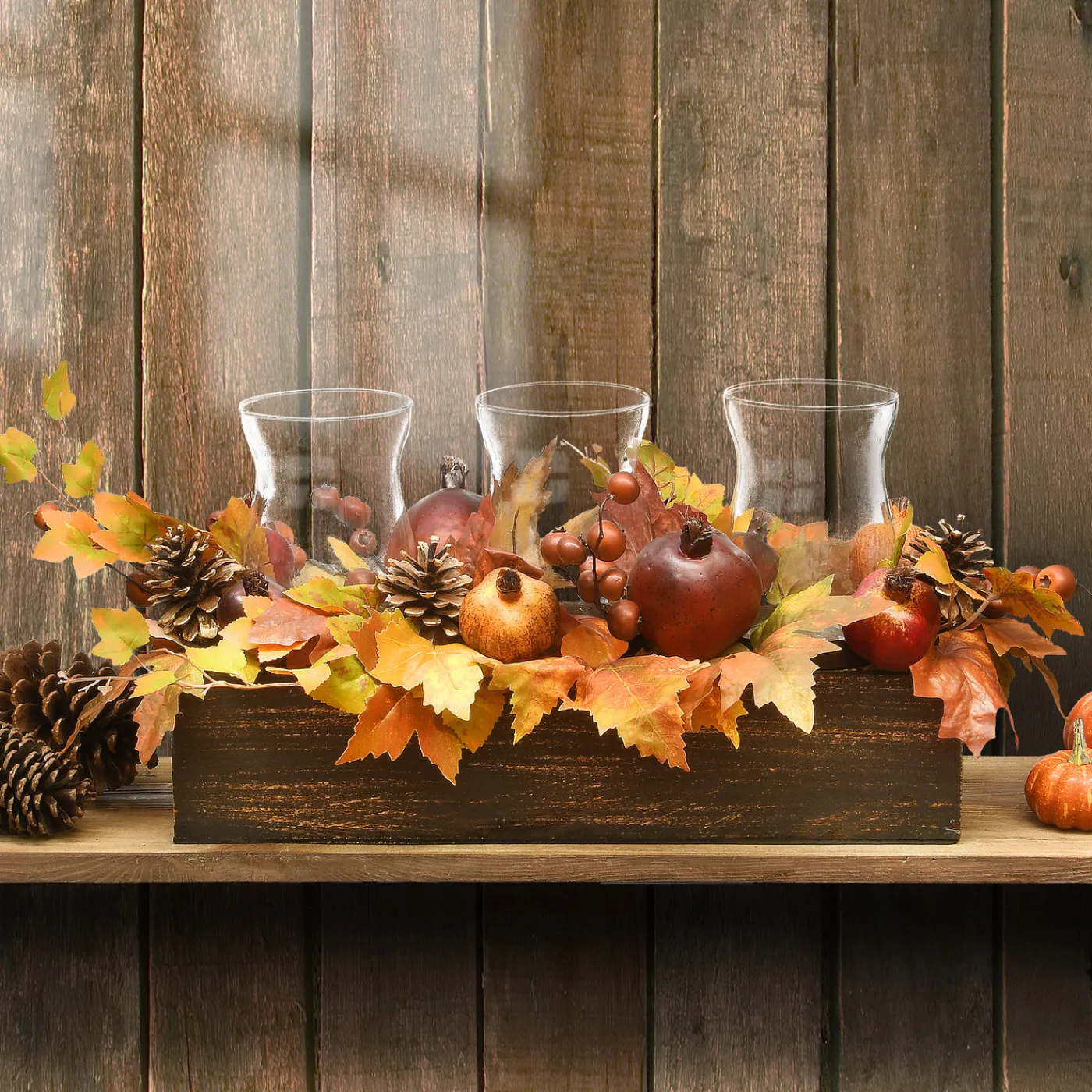 National Tree Company 24 in. Fall Centerpiece, Decorated With Maple Leaves, Pomegranates, Pine Cones, Holds Three Candles
