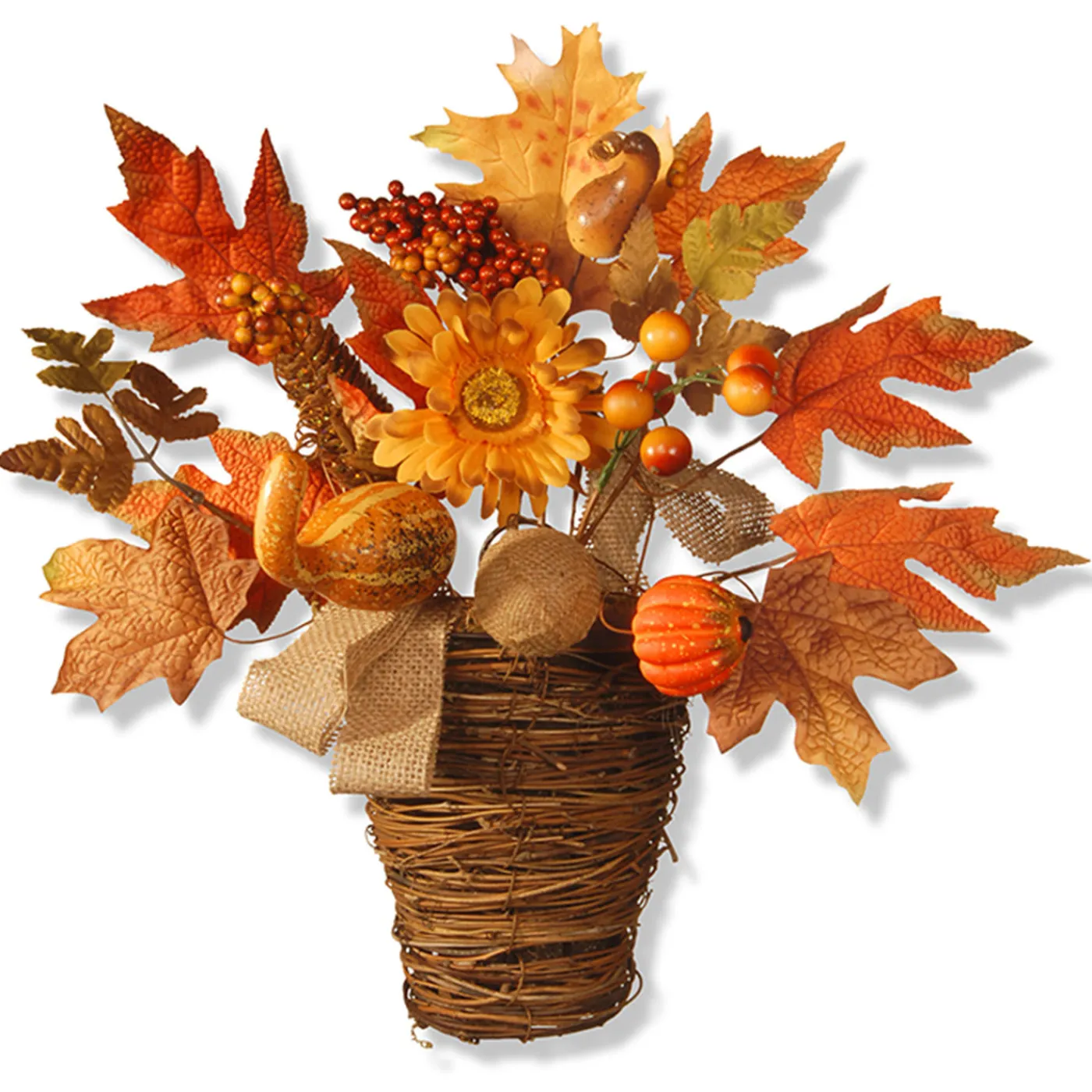 National Tree Company 16 in. Fall Flowers in Wicker Basket with Pumpkins, Gourds, Berry Clusters, Burlap, Maple Leaves