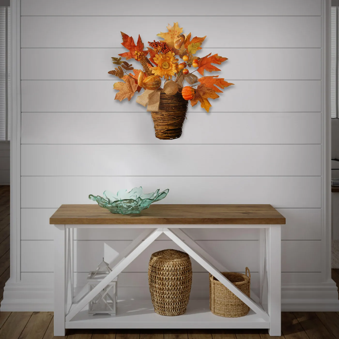 National Tree Company 16 in. Fall Flowers in Wicker Basket with Pumpkins, Gourds, Berry Clusters, Burlap, Maple Leaves