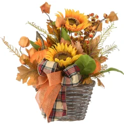 National Tree Company 16 in. Fall Flowers in Wicker Basket, Decorated with Pumpkins, Gourds, Sunflower Blooms, Burlap Bows, Maple Leaves