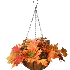 National Tree Company 18 in. Fall Hanging Basket with Maple Leaves, Sunflowers, Cones, Berries, Pumpkin