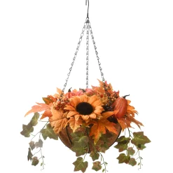 National Tree Company 18 in. Fall Hanging Basket with Ivy Leaves, Sunflowers, Cones, Berries, Gourds, Pumpkin