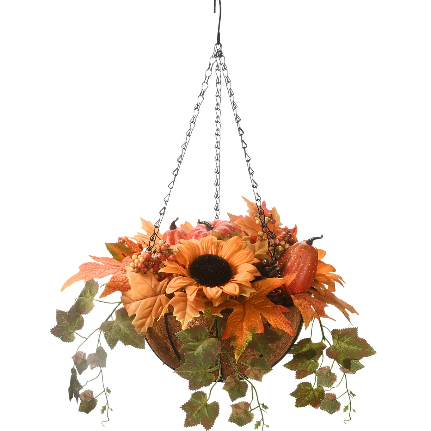 National Tree Company 18 in. Fall Hanging Basket with Ivy Leaves, Sunflowers, Cones, Berries, Gourds, Pumpkin