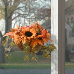 National Tree Company 18 in. Fall Hanging Basket with Ivy Leaves, Sunflowers, Cones, Berries, Gourds, Pumpkin