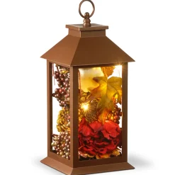 National Tree Company 12 in. Fall Lantern with LED Lights, Filled with Pumpkins, Leaves, Flowers, Berry Clusters