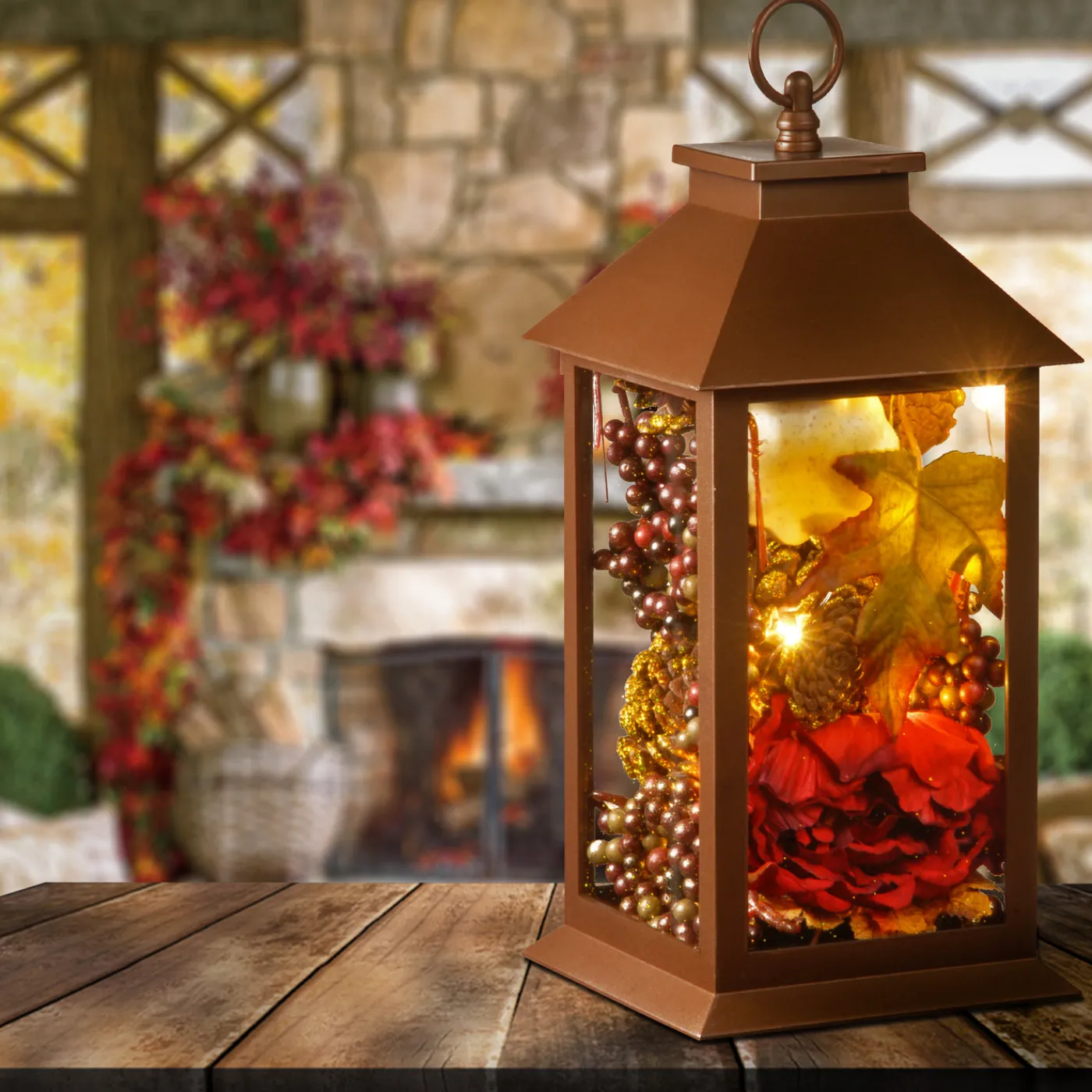 National Tree Company 12 in. Fall Lantern with LED Lights, Filled with Pumpkins, Leaves, Flowers, Berry Clusters