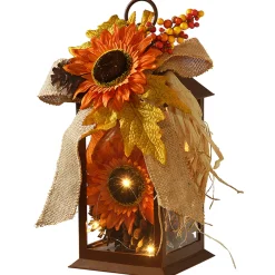 National Tree Company 12 in. Fall Lantern with LED Lights, Filled with Sunflower Blooms, Leaves, Pinecones, Berry Clusters