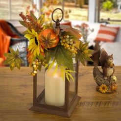 National Tree Company 14 in. Fall Lantern with Sunflower, Mixed Leaves, Berry, Pumpkin