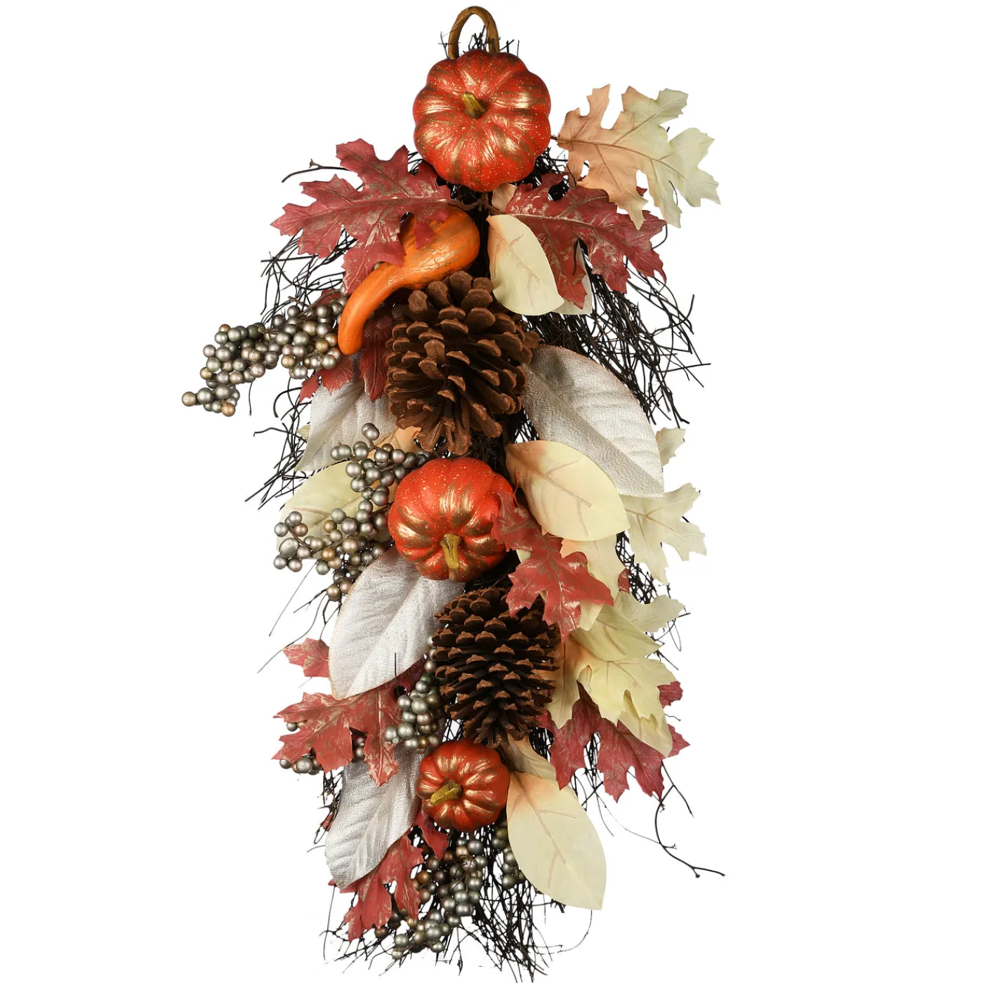 National Tree Company 24 in. Fall Teardrop Wall Decoration with Pumpkins, Pine Cones, Berry Clusters, Maple Leaves