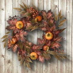 National Tree Company 24 in. Fall Wreath with Pumpkins, Berry Clusters, Ivy, Maple Leaves