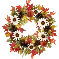 National Tree Company 32 in. Fall Wreath with Pumpkin Gourds, Pine Cones, Maple Leaves, Sunflower Blooms