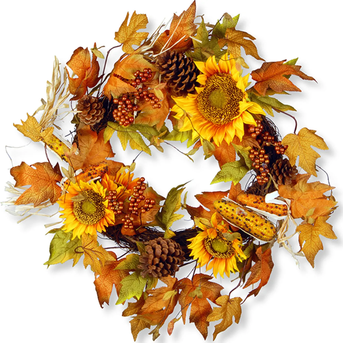 National Tree Company 24 in. Fall Wreath with Sunflowers, Pinecones, Berry Clusters, Corncobs, Maple Leaves