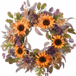 National Tree Company 30 in. Fall Wreath with Sunflowers, Hydrangea Blooms, Assorted Leaves, Berry Clusters