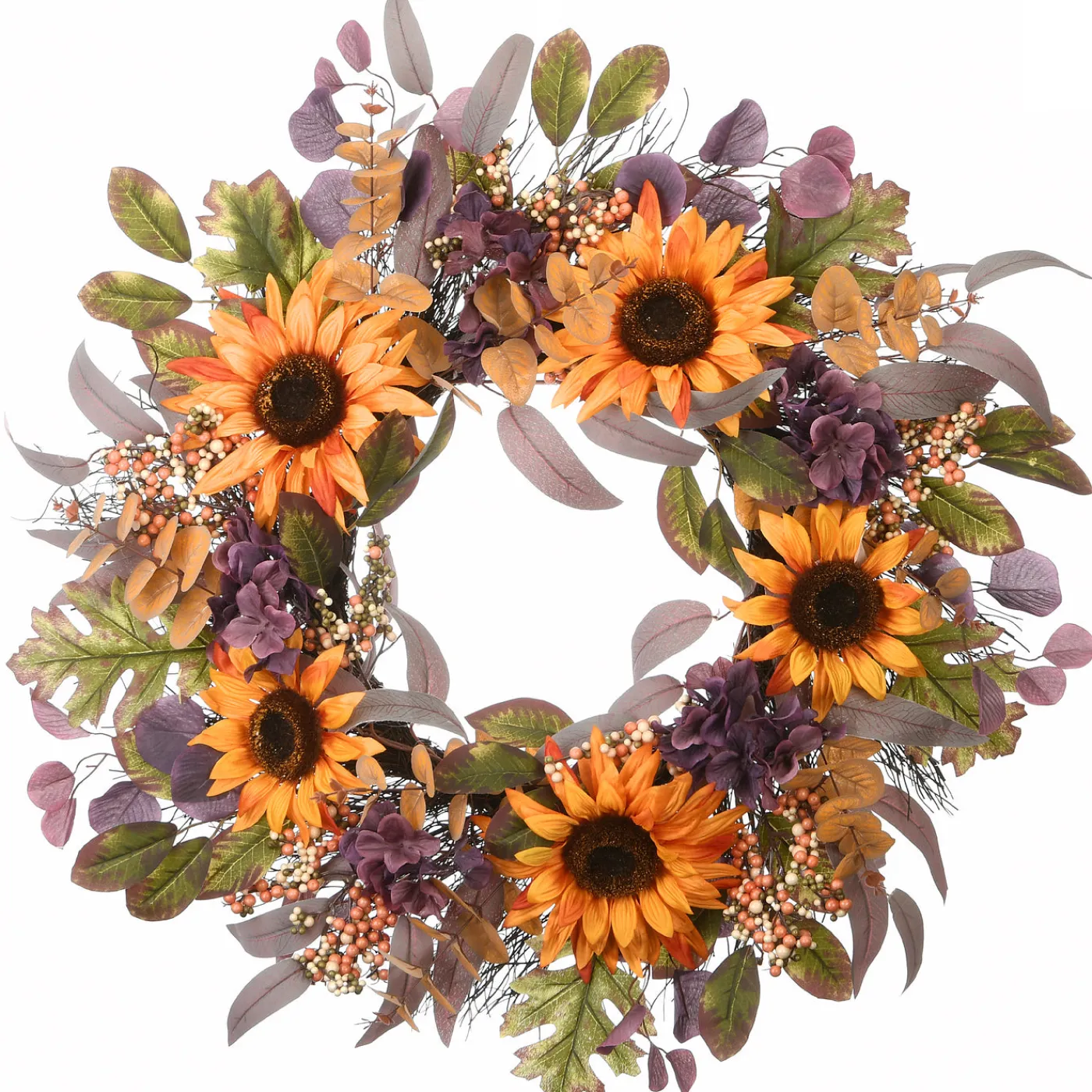National Tree Company 30 in. Fall Wreath with Sunflowers, Hydrangea Blooms, Assorted Leaves, Berry Clusters
