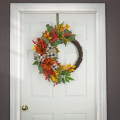 National Tree Company 24 in. Fall Wreath with Twig, Dahlia, Eucalyptus and Bow