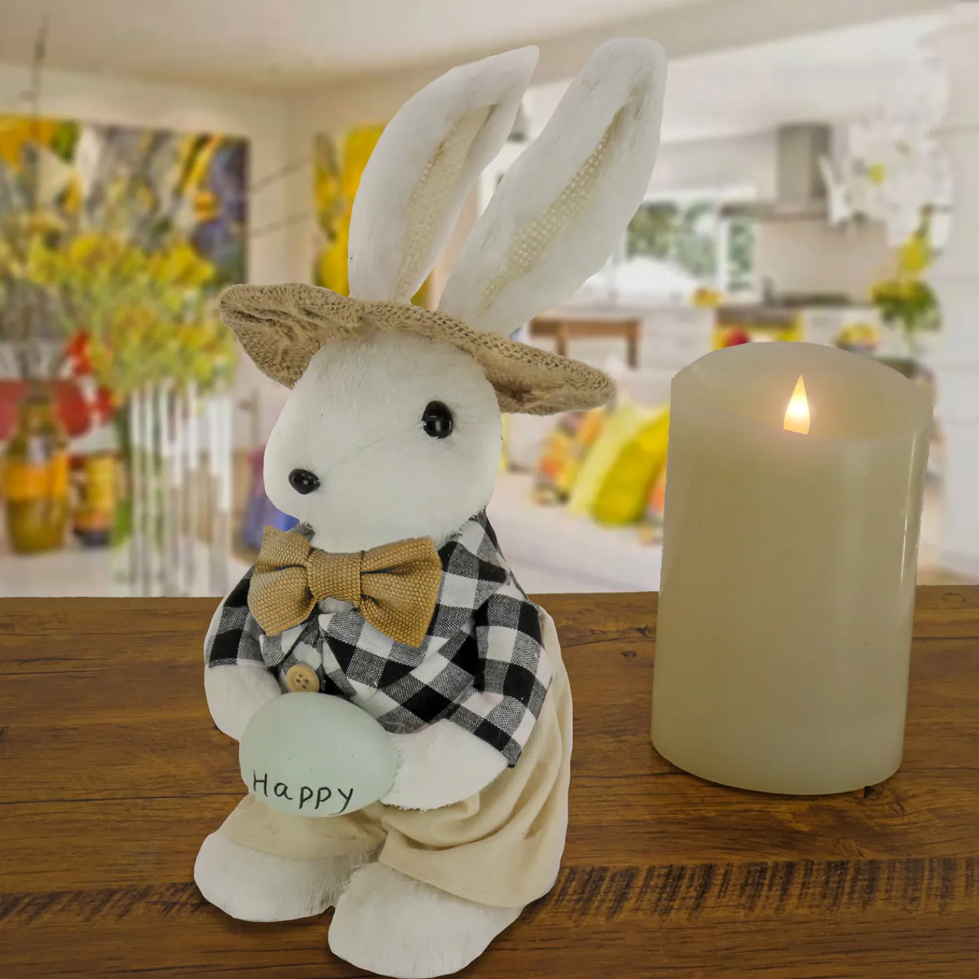 National Tree Company 12 in. Fluffy Bowtie Male Easter Bunny Holding Easter Egg Table Decoration