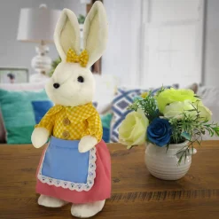 National Tree Company 14 in. Fluffy Female Bunny with Yellow, Pink & Blue Dress Table Decoration