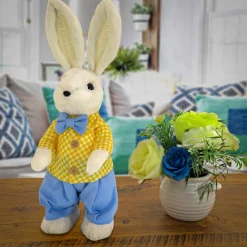 National Tree Company 14 in. Fluffy Male Easter Bunny with Yellow & Blue Suit Table Decoration