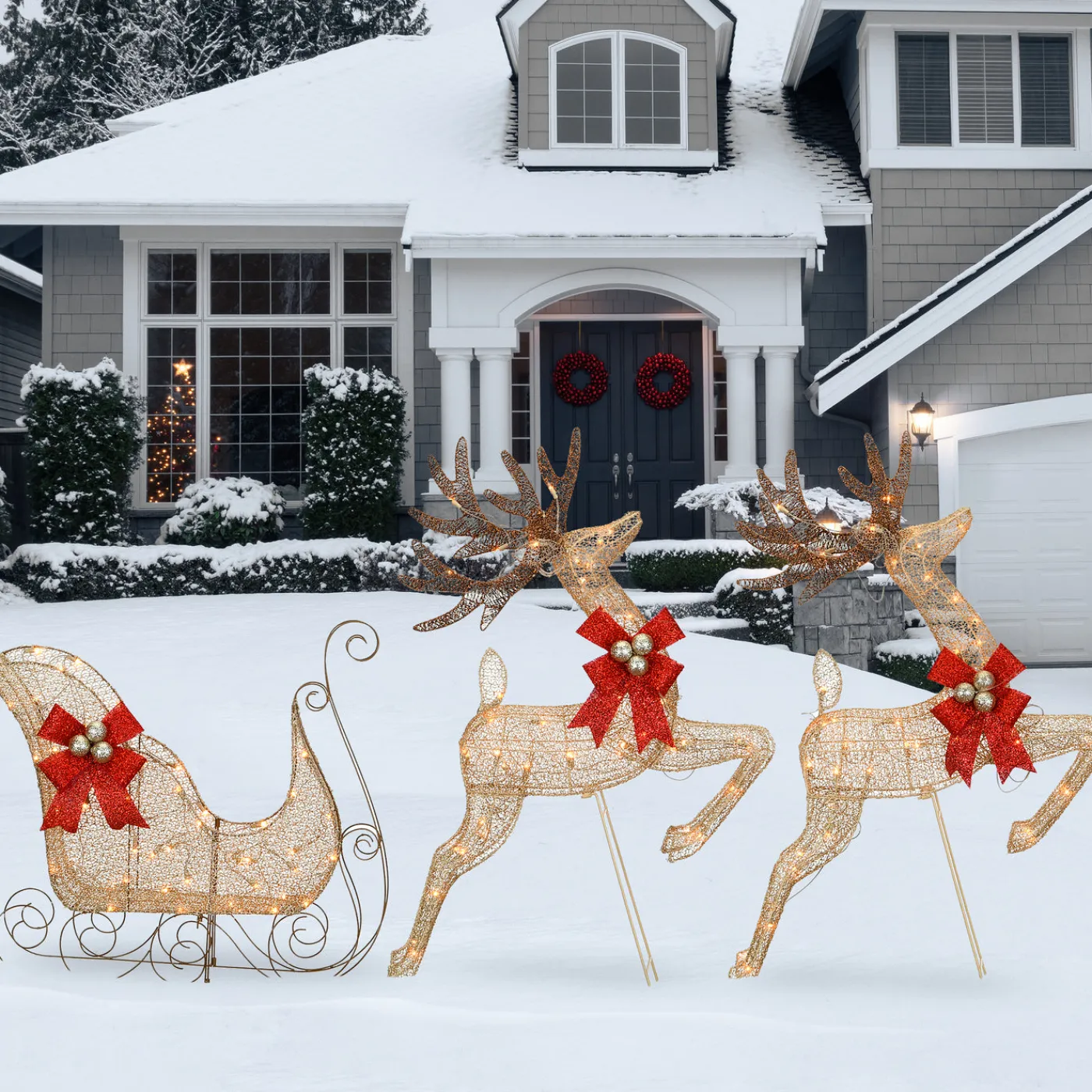 National Tree Company 42 in. Glittered Mesh Fabric Deer with 27 in. Sleigh and Lights