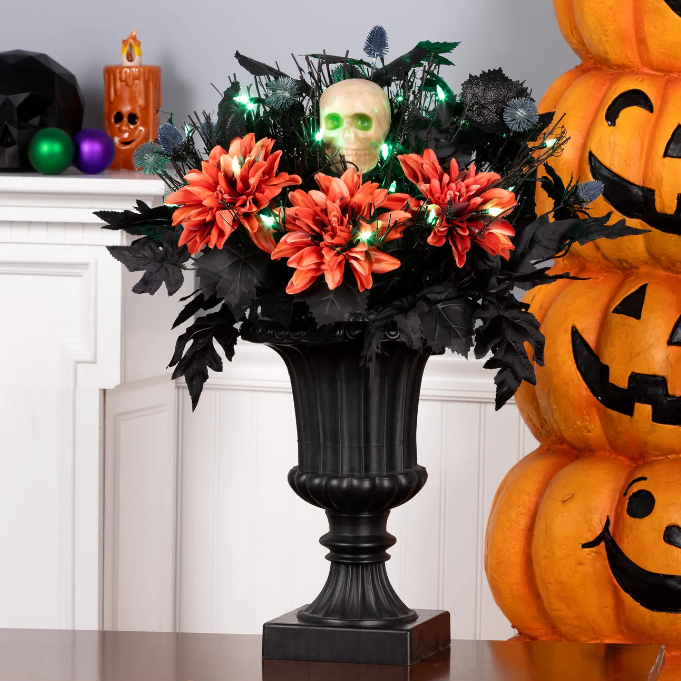 National Tree Company 20 in. Halloween Boo-tiful Urn with Orange Florals and White Skull, LED Lights