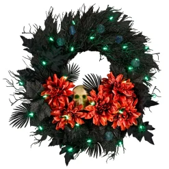 National Tree Company 24 in. Halloween Boo-tiful Wreath with Orange Florals and White Skull, LED Lights