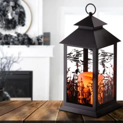National Tree Company 12 in. Halloween Carved Images of Witches Haunted House Lantern with LED Lights