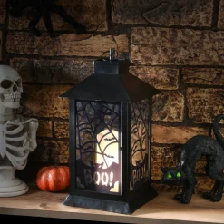 National Tree Company 16 in. Halloween Carved Images of Bats and Cobwebs Lantern with LED Lights