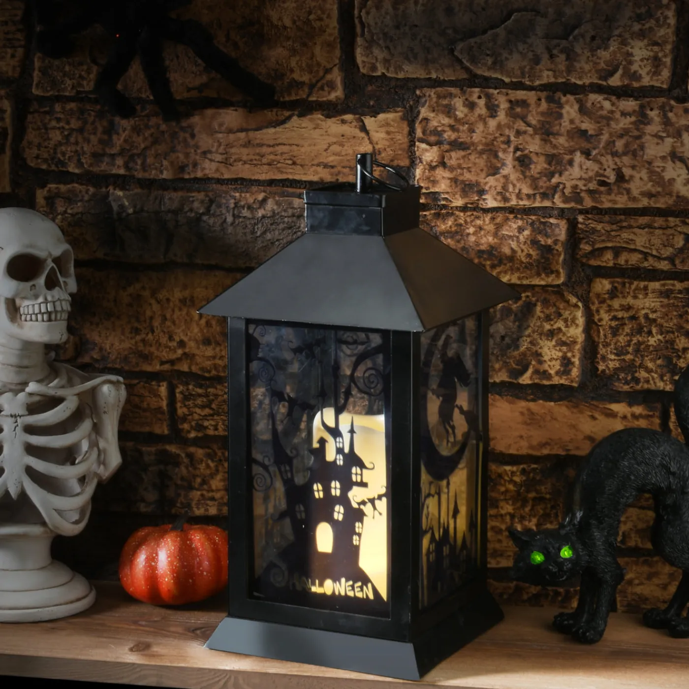 National Tree Company 16 in. Halloween Carved Images of Witches and Cobwebs Lantern with LED Lights
