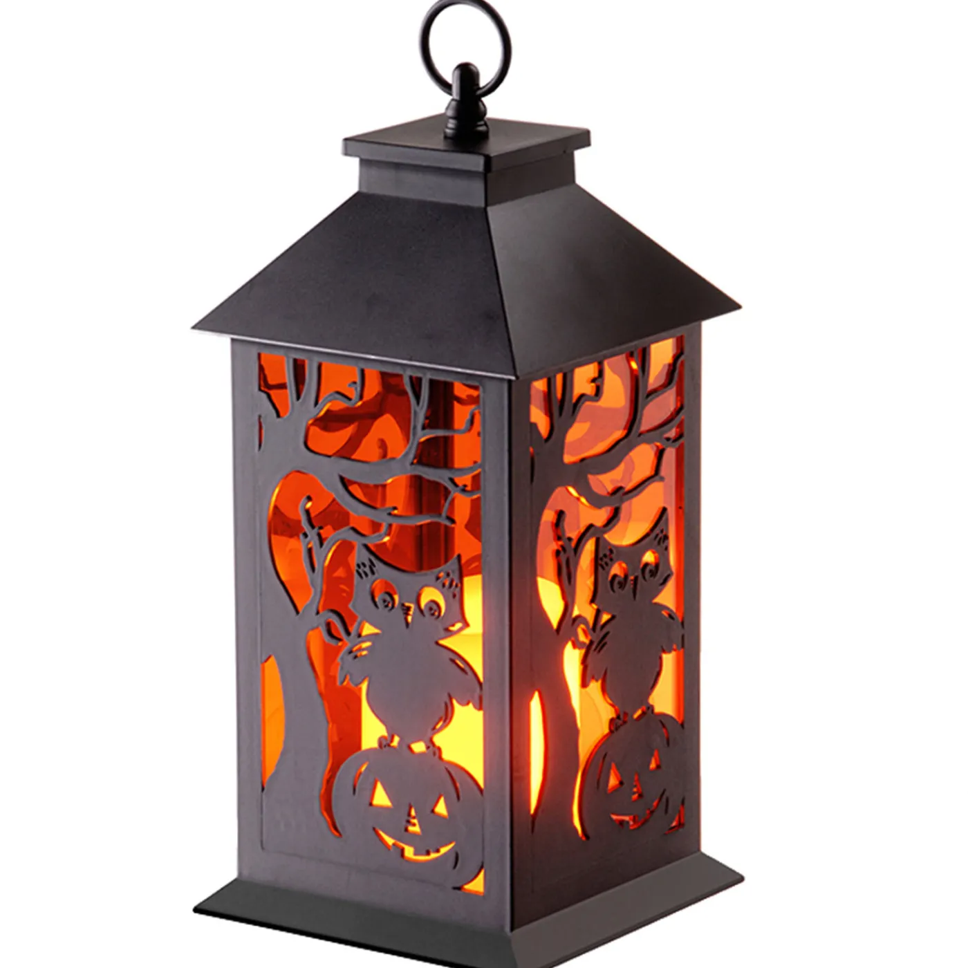 National Tree Company 12 in. Halloween Carved Images of Owls Pumpkins Leafless Trees Lantern with LED Lights