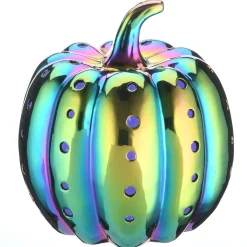National Tree Company 12 in. Halloween Ceramic Iridescent Purple Pumpkin with Multi Color LED Lights