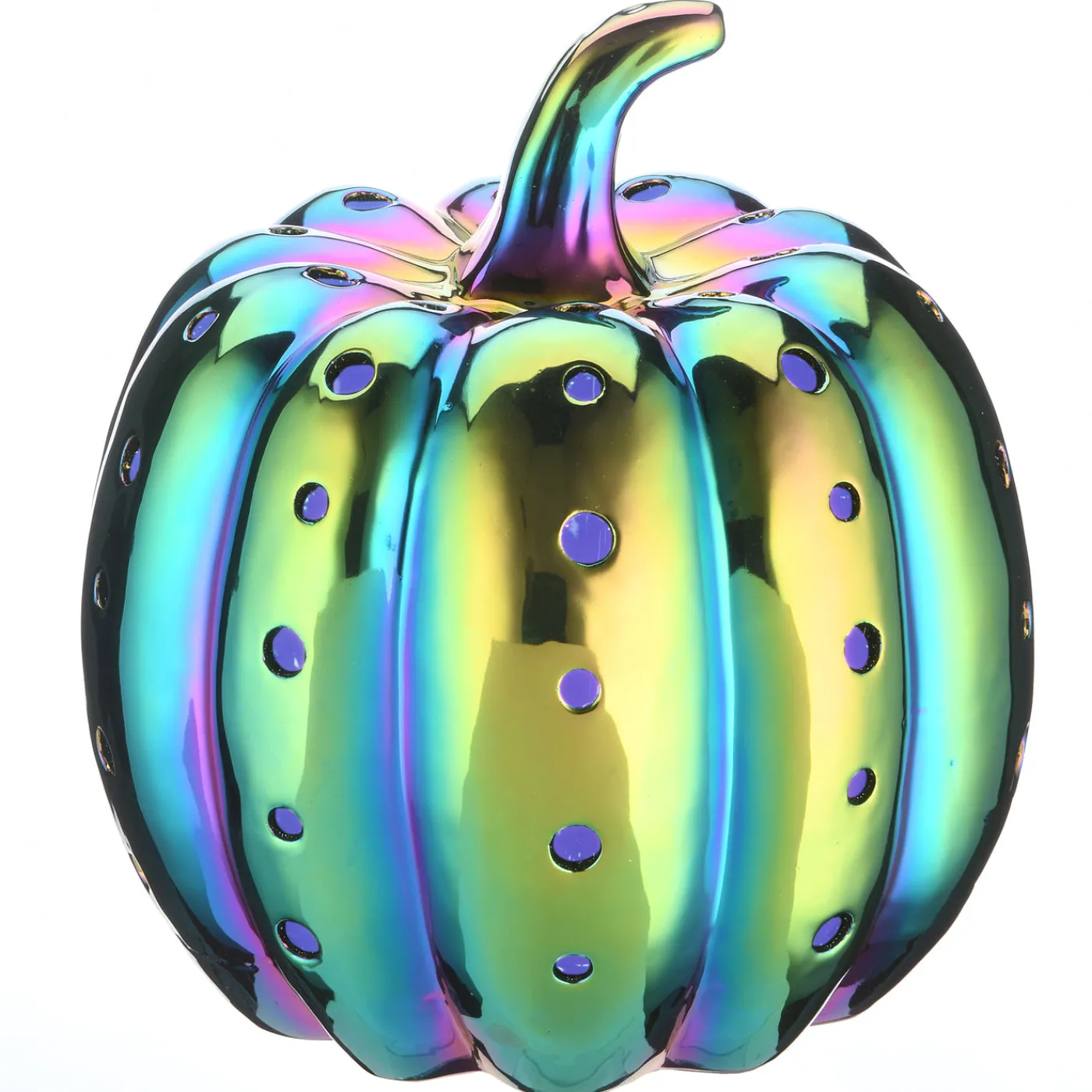 National Tree Company 12 in. Halloween Ceramic Iridescent Purple Pumpkin with Multi Color LED Lights