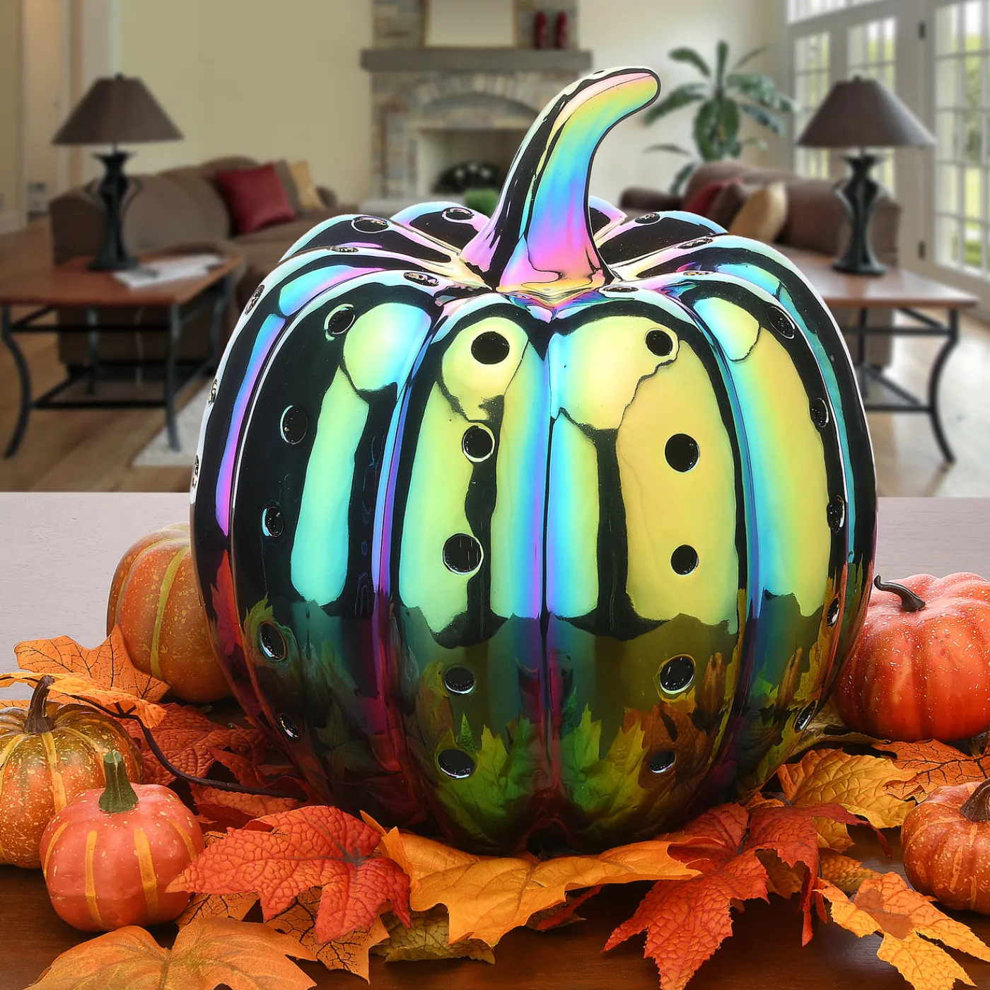 National Tree Company 12 in. Halloween Ceramic Iridescent Purple Pumpkin with Multi Color LED Lights