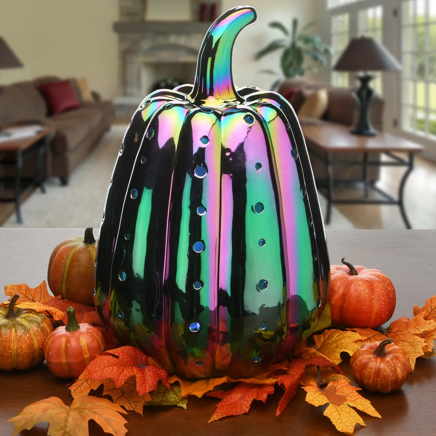 National Tree Company 14 in. Halloween Ceramic Iridescent Purple Pumpkin with Multi Color Lights
