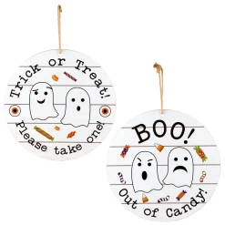 National Tree Company 12 in. Halloween Hanging Double Sided Sign, White, Trick or Treat, Out of Candy