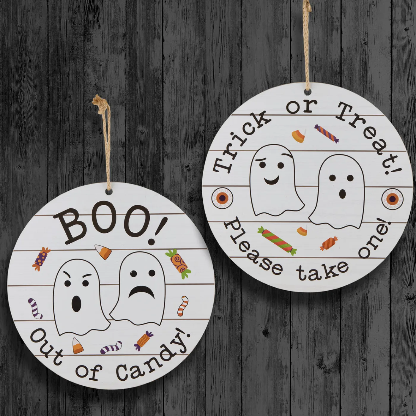 National Tree Company 12 in. Halloween Hanging Double Sided Sign, White, Trick or Treat, Out of Candy