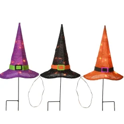 National Tree Company 23 in. Halloween Orange,Black and Purple Witchs Hat Garden Stakes with LED Lights